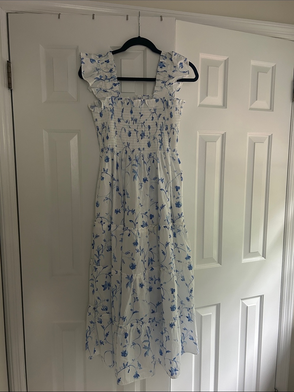 Hill House White Dress with Blue Floral Trim